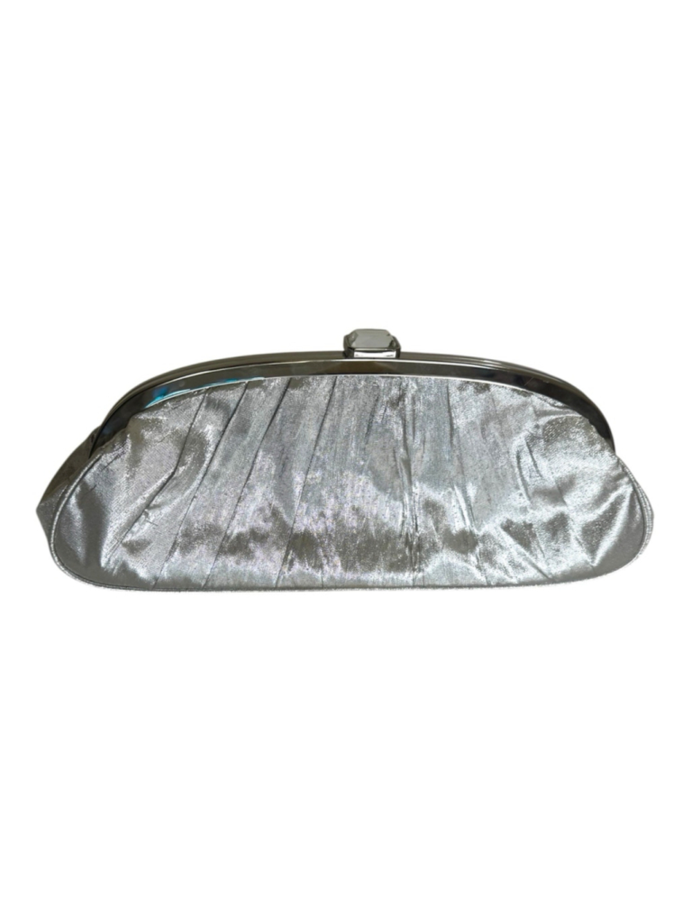 Kate Landry Silver Pleated Frame Clutch Bag with Strap and Crystal Clasp EUC
